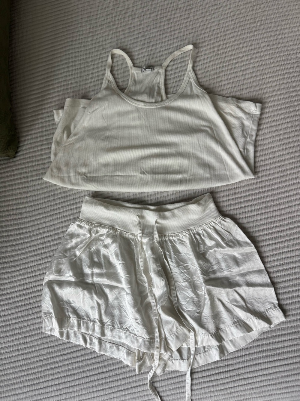 PJ Harlow White Ribbed Tank with Elastic Waistband silk shorts